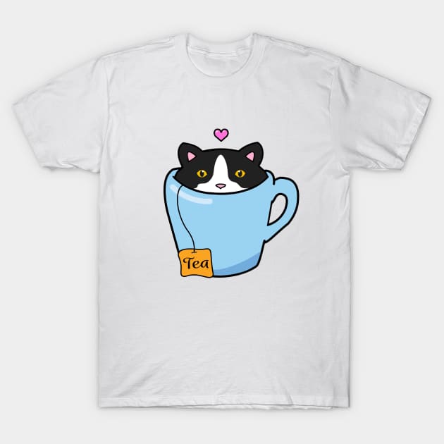 Sweet tuxedo cat sitting in a blue cup of tea T-Shirt by Purrfect